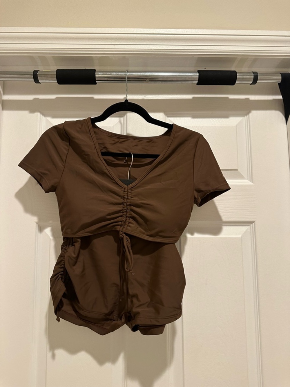 Women's Brown Ruched V-Neck Short Sleeve Top and Short Set